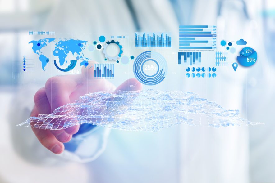 Business stats displayed as graph and chart on a futuristic interface - Business concept